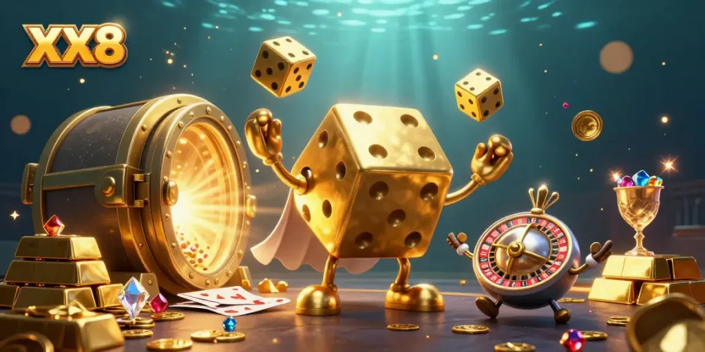 Engage in thrilling action with the XX8 golden dice golem in a vibrant casino scene overflowing with treasure.