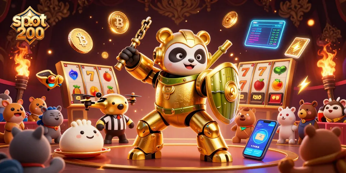 Engage in thrilling action with slot bet 200 visuals, showcasing golden panda in mech-suit amidst casino elements.