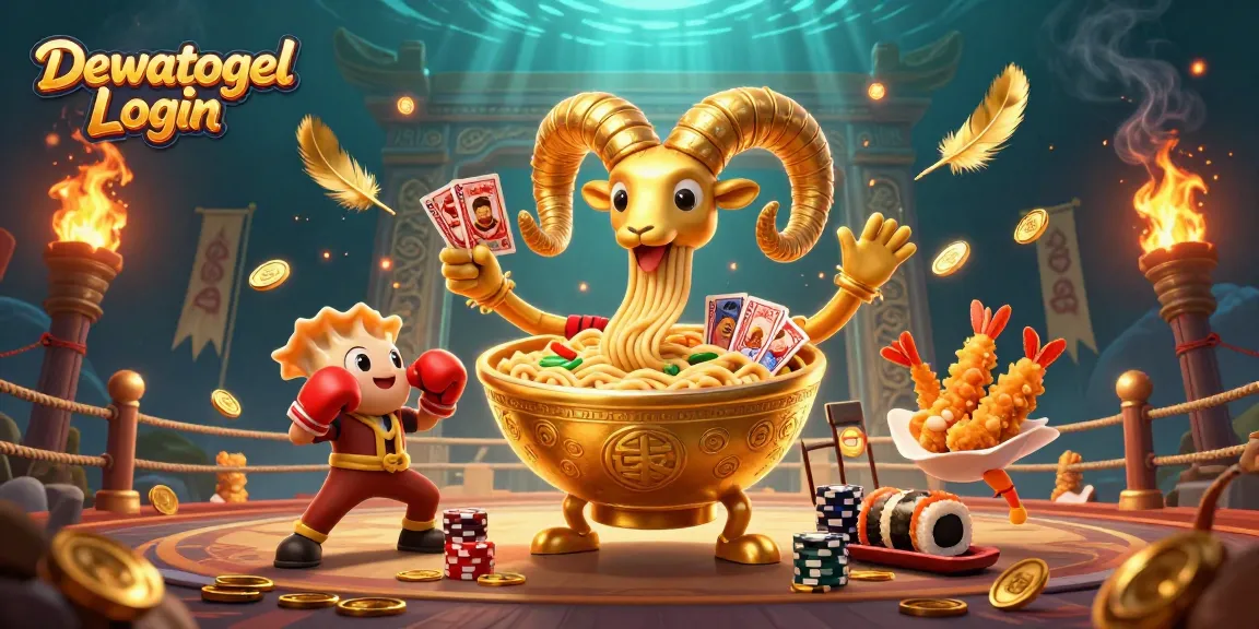 Dewatogel Login scene showcasing a 3D cartoon ramen bowl dealing cards in a vibrant casino