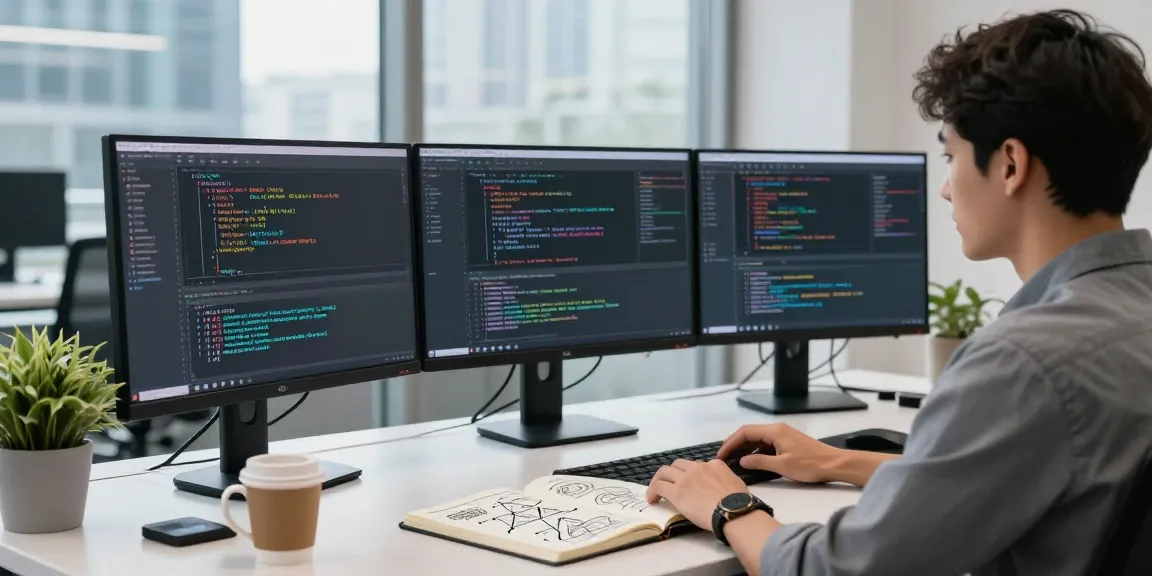 Software engineer coding large language models in a modern office with three monitors and vibrant city view.