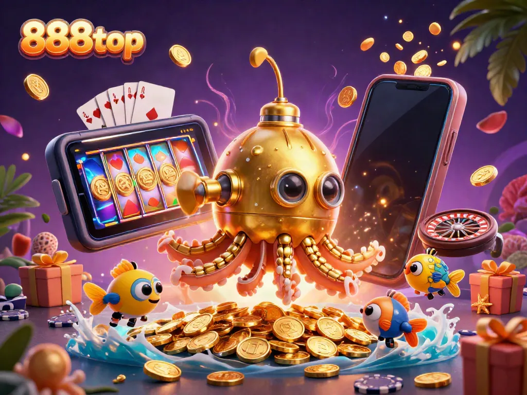Experience thrilling wins at 888top with playful kraken submarine surfacing from golden coins amidst vibrant casino elements.