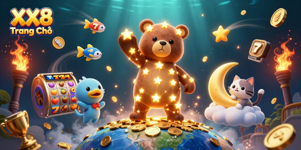Engage with XX8 Trang Chủ through an imaginative 3D casino adventure, featuring vibrant gold stars and dynamic gaming elements.