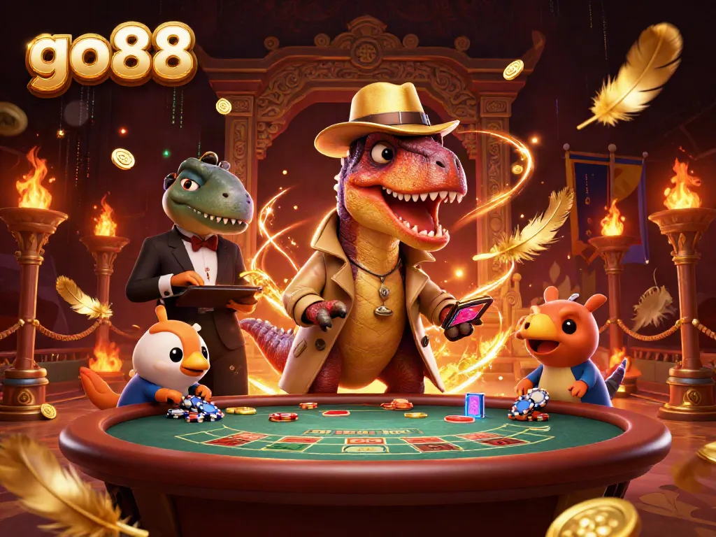 Experience thrilling gameplay at go88 with a cartoon velociraptor in disguise at a blackjack table.