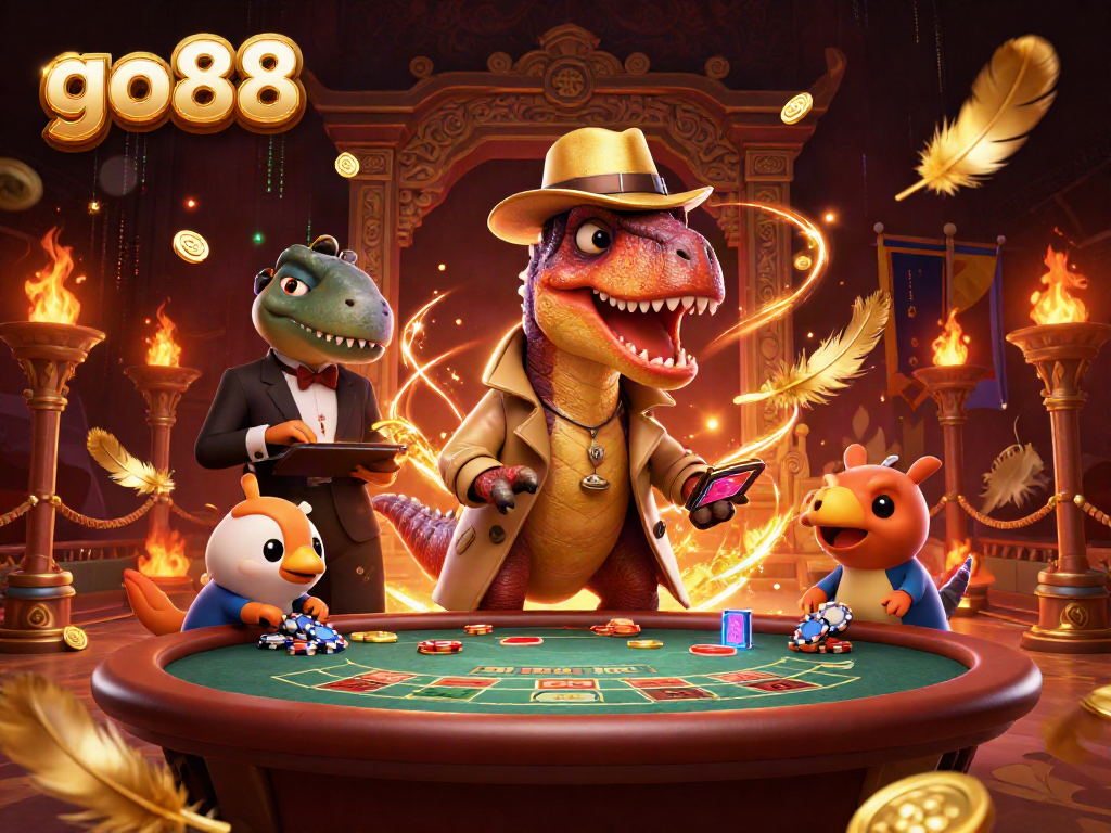 Experience thrilling gameplay at go88 with a cartoon velociraptor in disguise at a blackjack table.