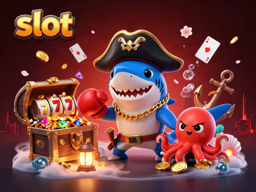 Spin slots with the pirate shark, pufferfish, and octopus in a treasure-filled scene.
