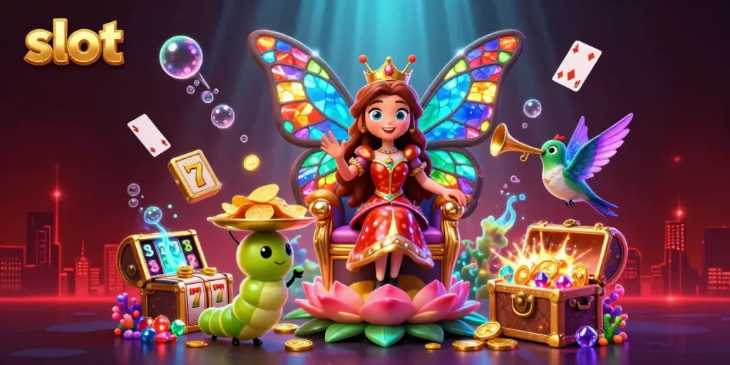 Experience thrilling wins with our vibrant slot scene featuring a butterfly queen, chips, and colorful jackpots.