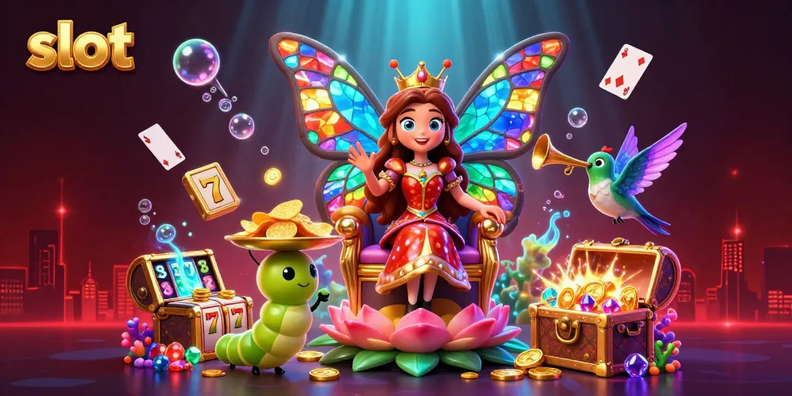 Experience thrilling wins with our vibrant slot scene featuring a butterfly queen, chips, and colorful jackpots.