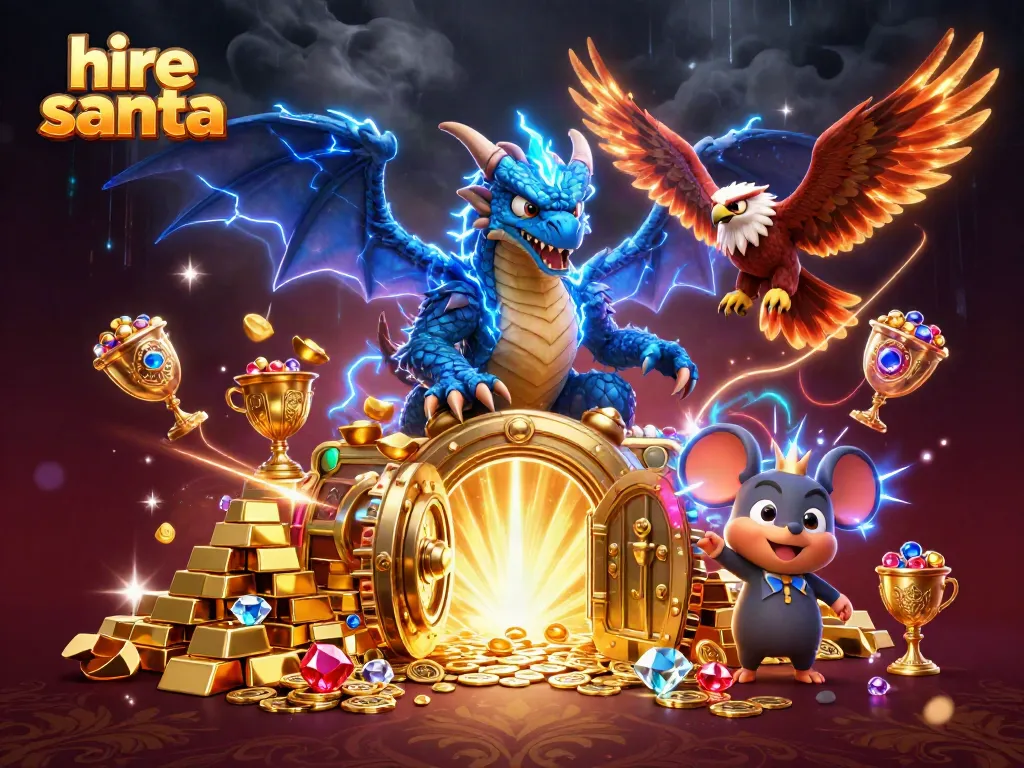 Experience the thrill of hiring Santa with an enchanting illustration featuring magical characters and casino treasures