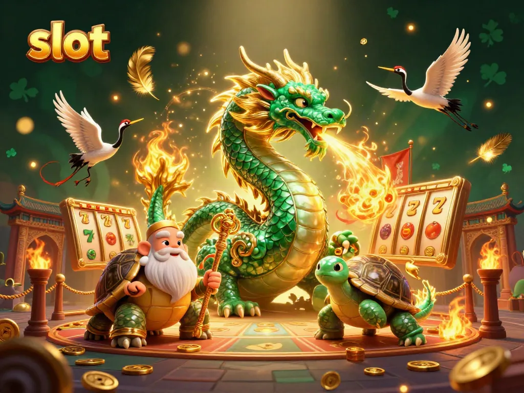 Permainan slot yang mengasyikkan ditampilkan dengan naga emerald dan karakter keberuntungan lainnya.