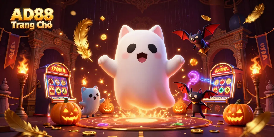 Experience thrilling action at AD88 Trang Chủ with a ghost cat and glowing poker jack-o-lanterns!