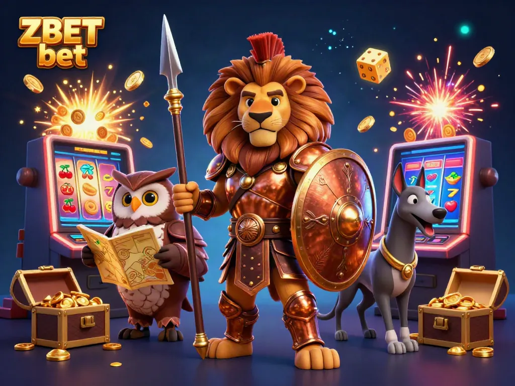 Play and win big with ZBET bet as a Spartan lion, tactical owl, and greyhound celebrate a jackpot explosion.
