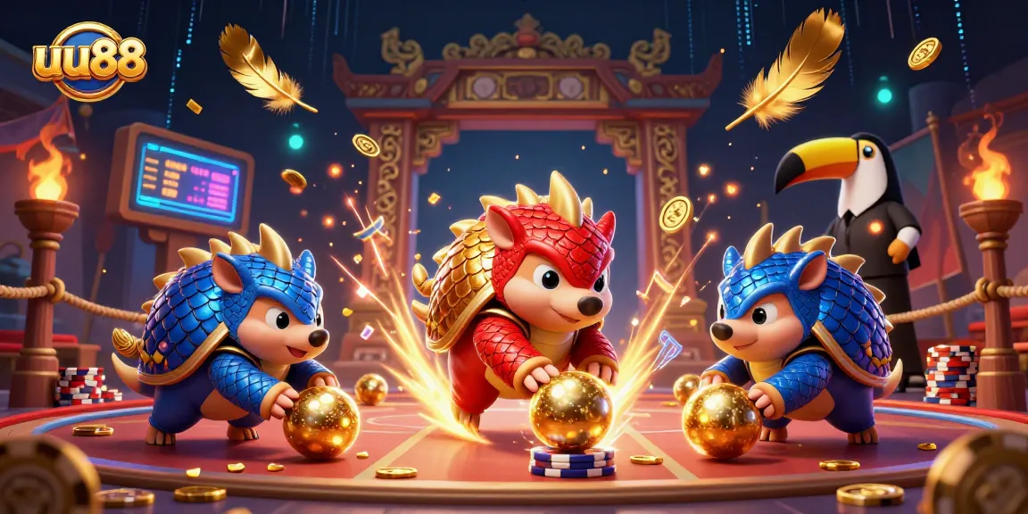 uu88 rival pangolins in vibrant gambling scene with poker chips and golden backgrounds