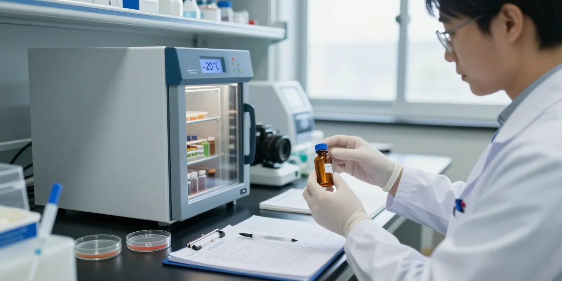 Lab technician managing lyophilisation peptides at -20 °C for optimal storage.