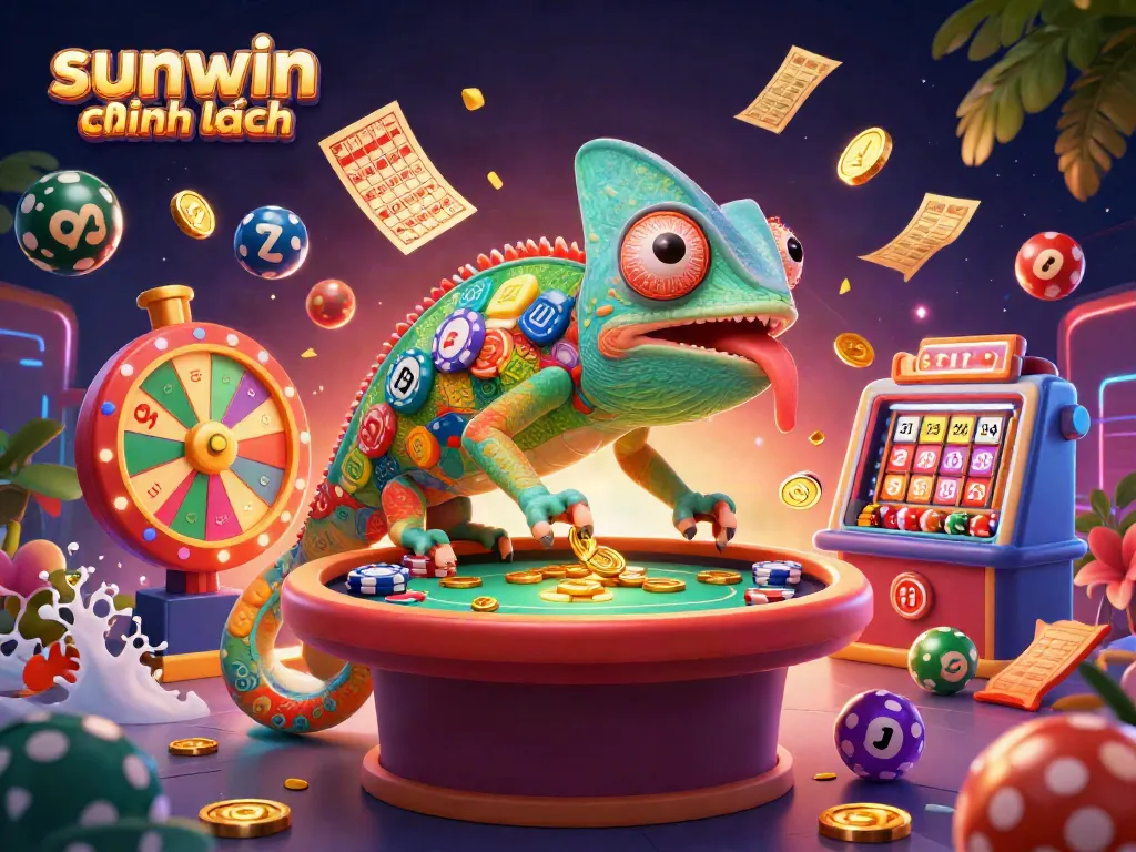 Experience the vibrant world of sunwin chính hãng with a chameleon casino owner, golden coins, and colorful game elements.