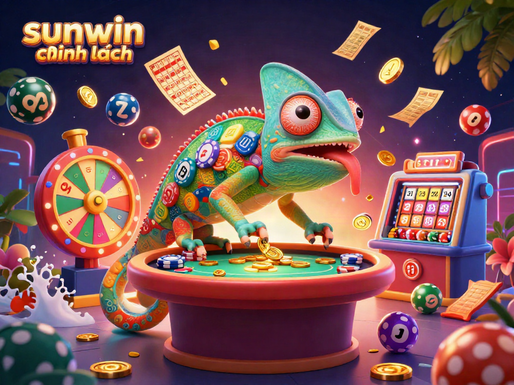 Experience the vibrant world of sunwin chính hãng with a chameleon casino owner, golden coins, and colorful game elements.