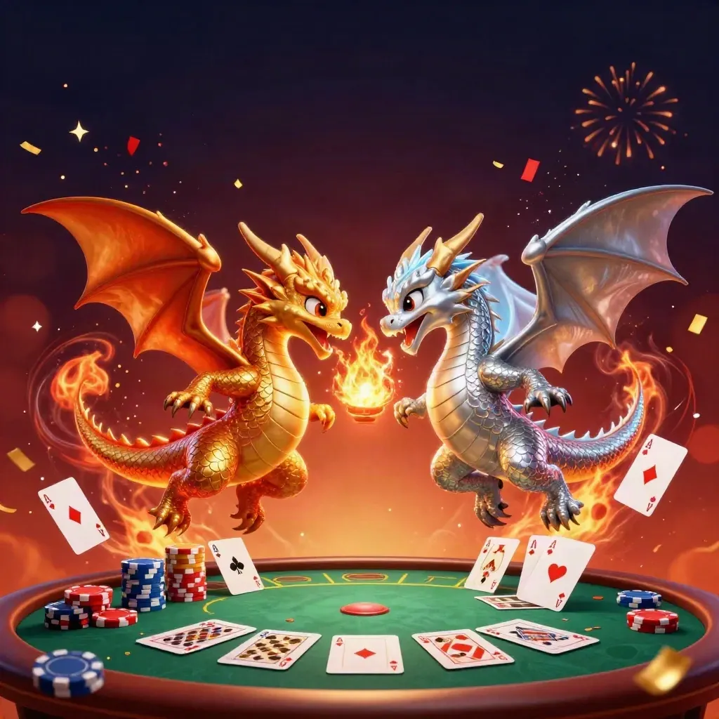Twin gold and silver dragons spiral over a poker table amid chips, aces, confetti, and firelight.