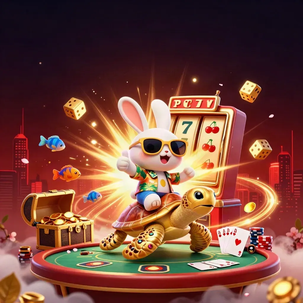 Lucky rabbit on a sea turtle amid slot burst, poker table, gold, and Paris casino lights