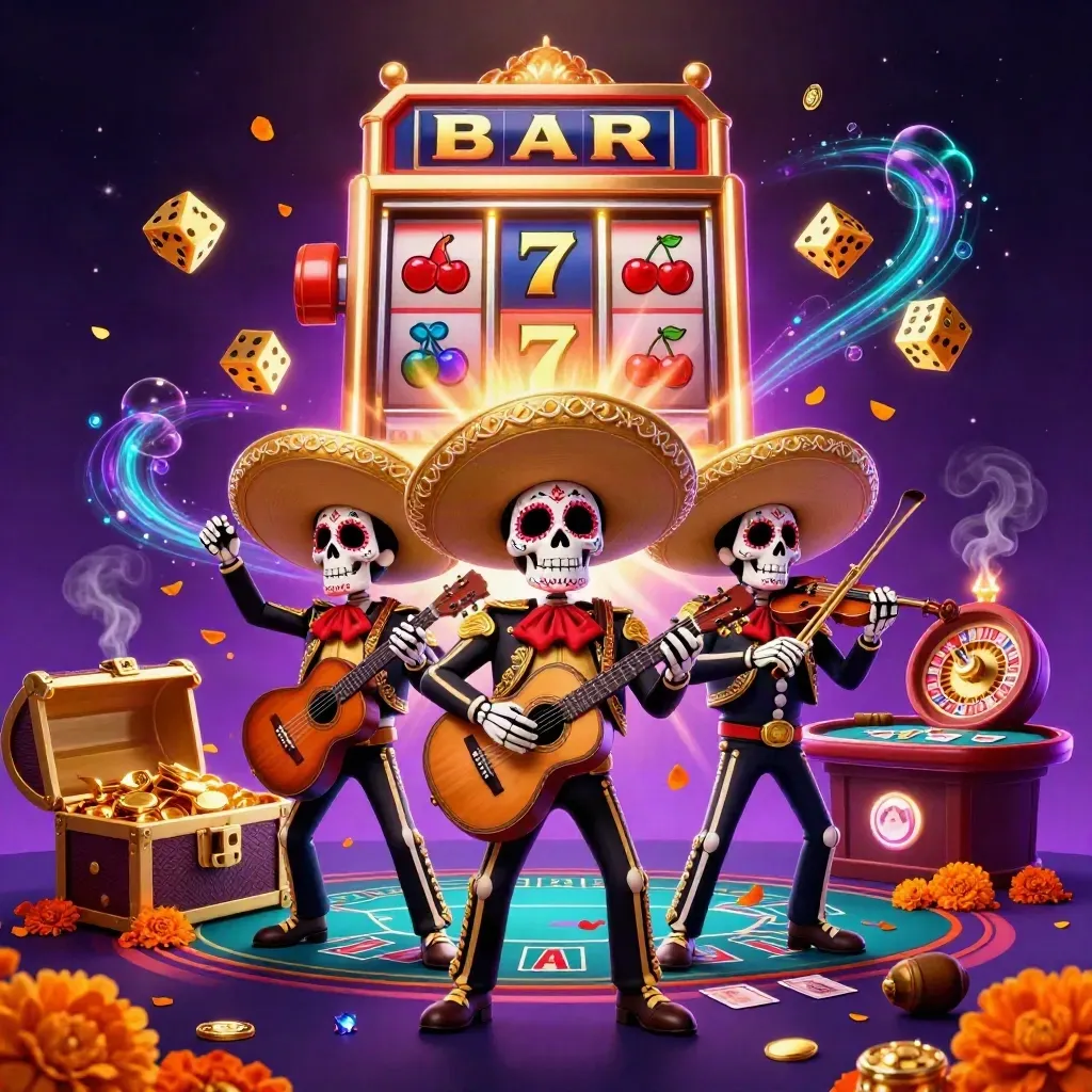 Skeleton mariachi trio amid jackpot bursts, glowing dice, roulette wheel, and a gold treasure chest.