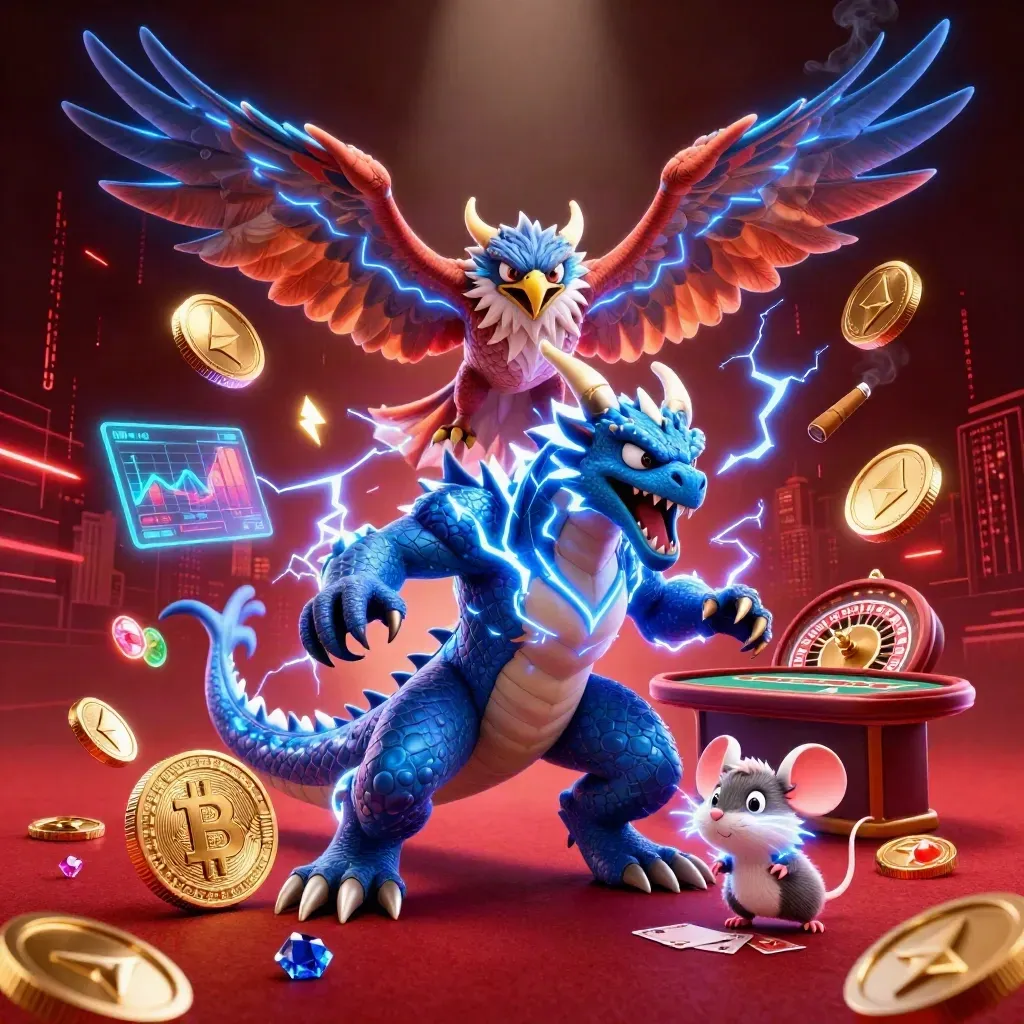 Thunder dragon, wind hawk and static mouse amid luxe casino crypto effects and a red skyline.