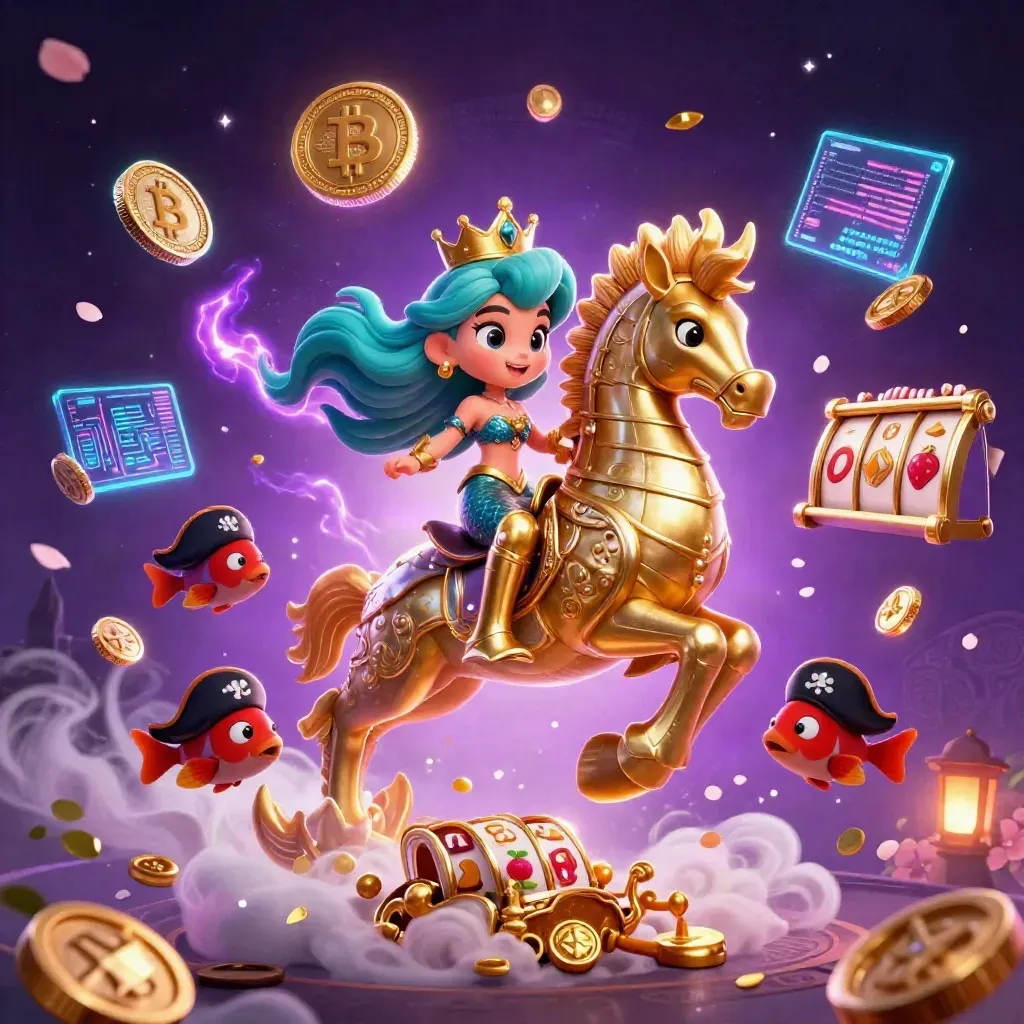 Mermaid princess rides armored seahorse amid coins, fish, magic petals, and neon casino effects.