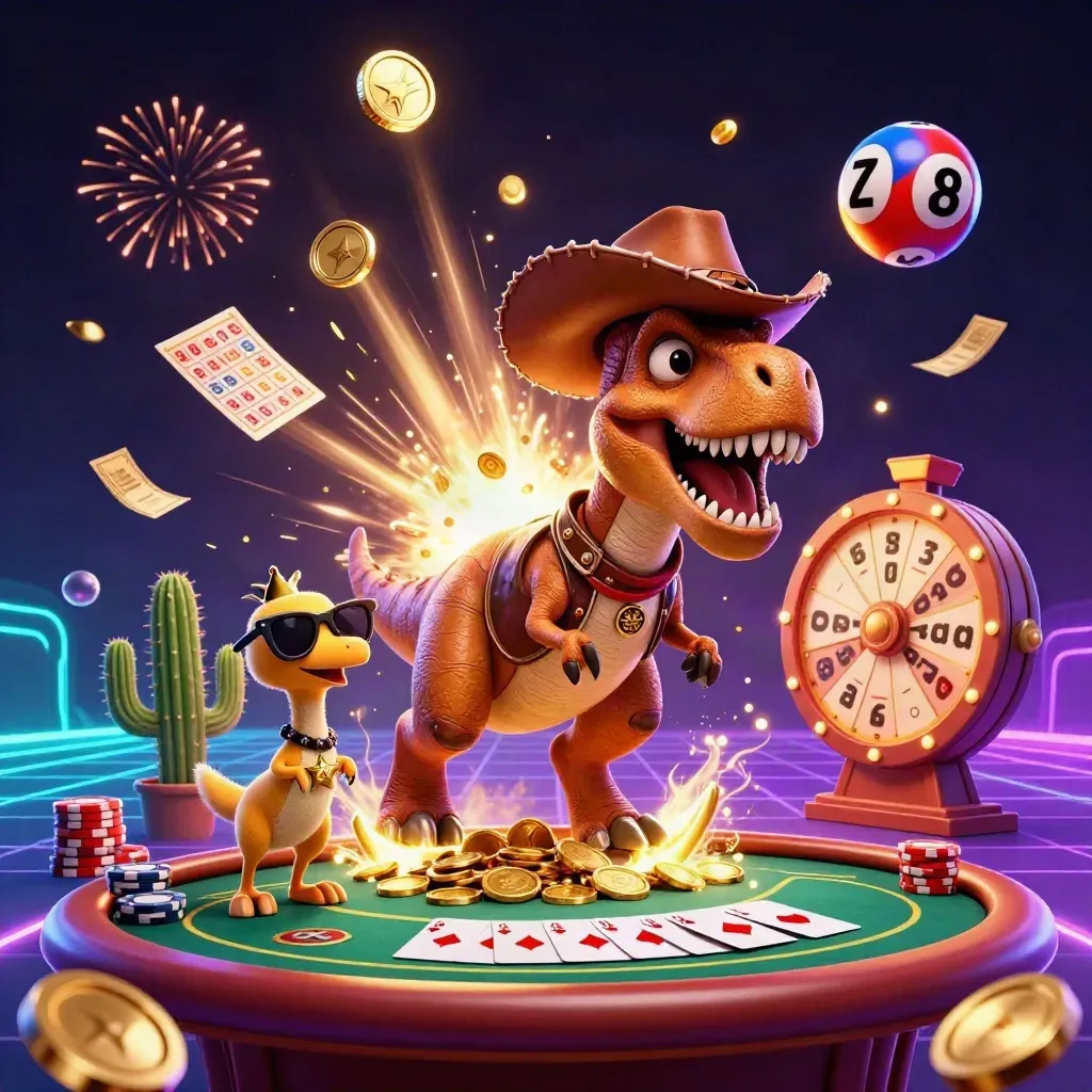 Cowboy T-Rex, cactus sidekick, and roadrunner amid coins, chips, and neon casino fireworks.