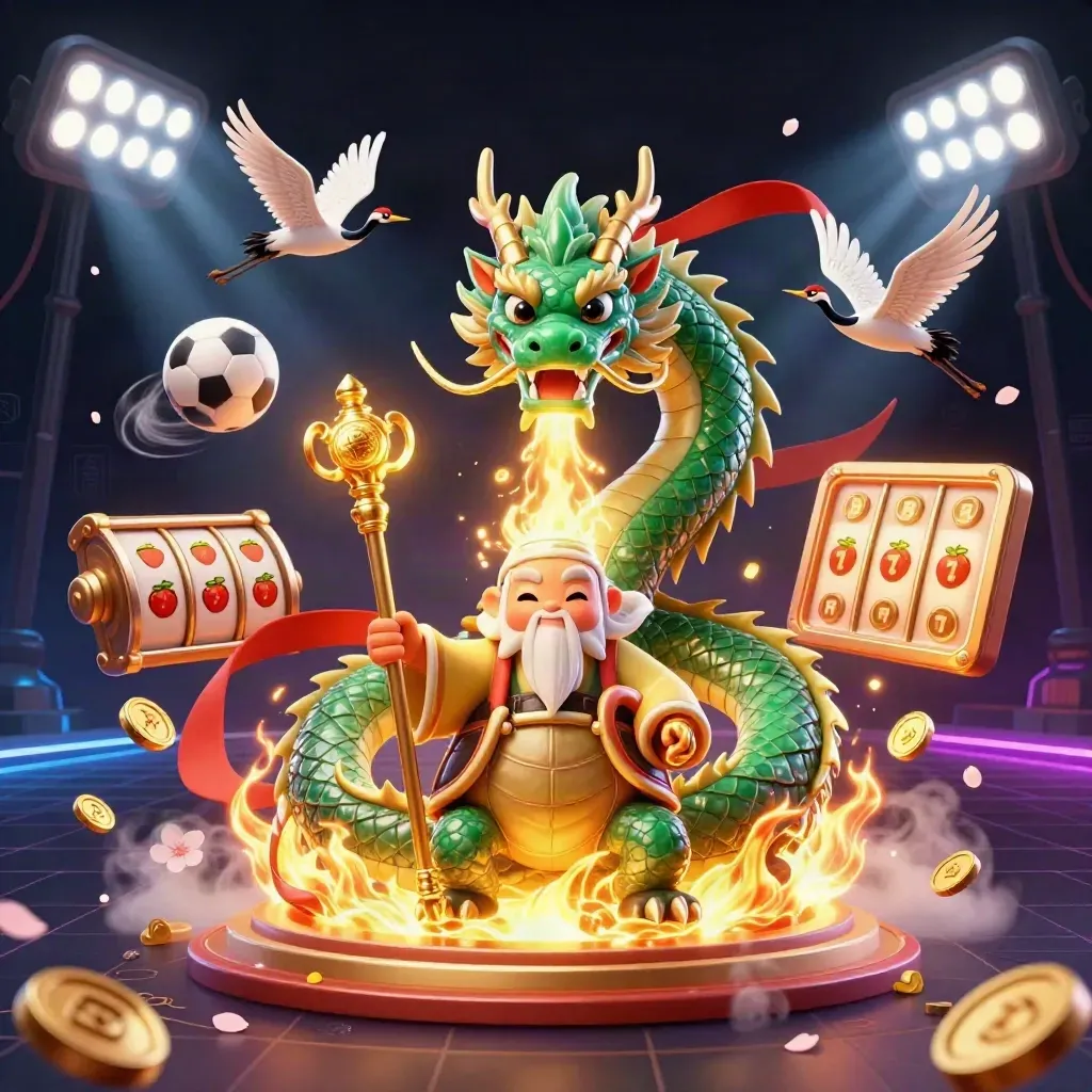Jade dragon, turtle sage, and cranes amid casino symbols, gold fire, and neon Paris poker energy.