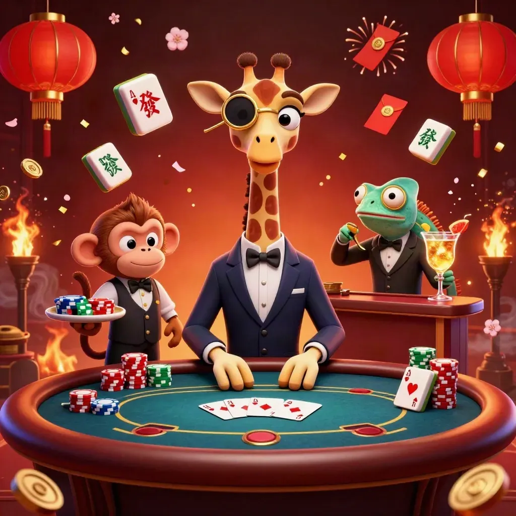 Giraffe high-roller, monkey valet, and chameleon bartender around a glowing poker table with chips