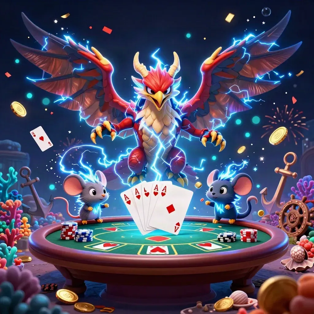 Thunder dragon, wind hawk, and static mouse in a glowing poker treasure cove.