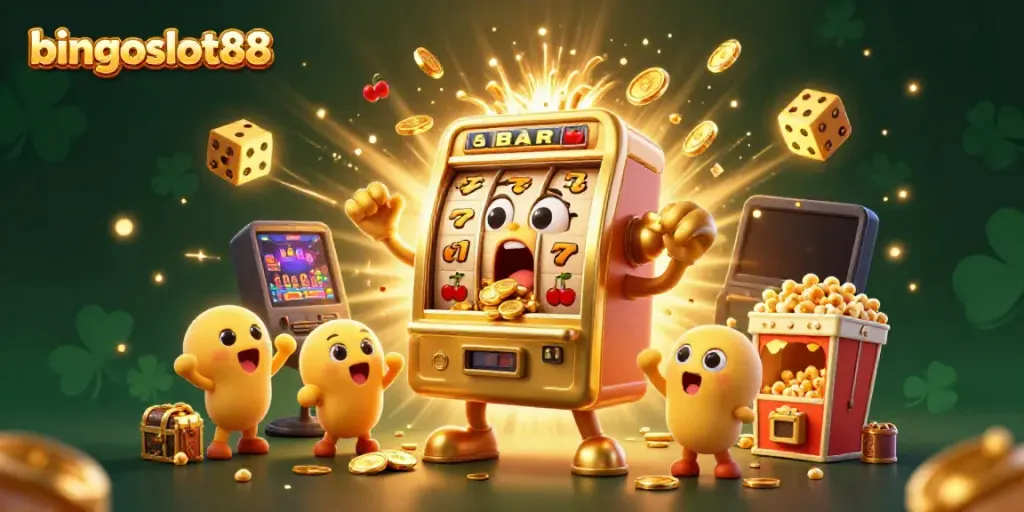 Bingoslot88 menampilkan mesin slot emas yang terkejut saat memenangkan jackpot, dikelilingi simbol permainan dan efek konfeti.