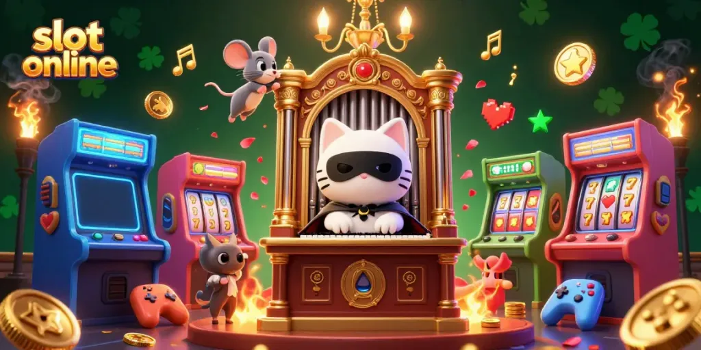 Engage with vibrant slot online action featuring a masked cat and a mouse acrobat in a lively casino