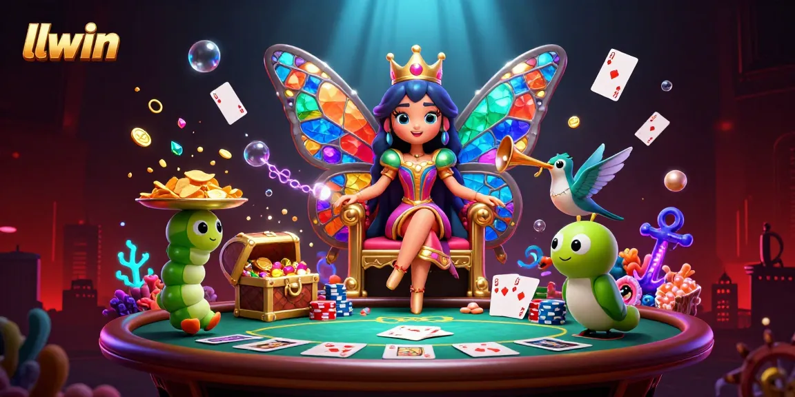 llwin engages players with a vibrant poker-themed illustration featuring a butterfly queen and dynamic game elements.