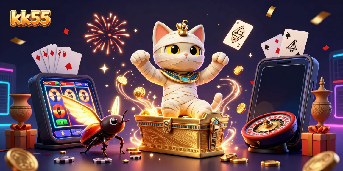 Experience the excitement at kk55 casino with an Egyptian mummy cat and scarab beetle amidst slots and fireworks.