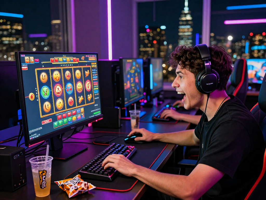 Excited gamer playing slot gacor on a bright monitor, showcasing an interactive virtual casino experience.