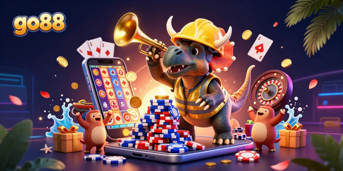 Experience thrilling gaming with go88 as playful dinosaurs build poker chip pyramids amidst casino excitement.
