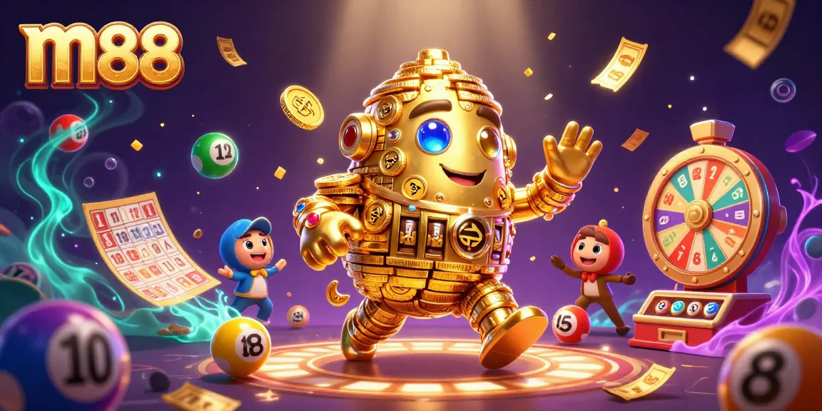 Place bets at m88 while enjoying a vibrant scene of lottery balls and casino elements.