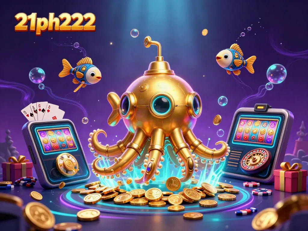 Experience exciting wins at 21ph222 with a golden kraken submarine and dynamic slot game elements.