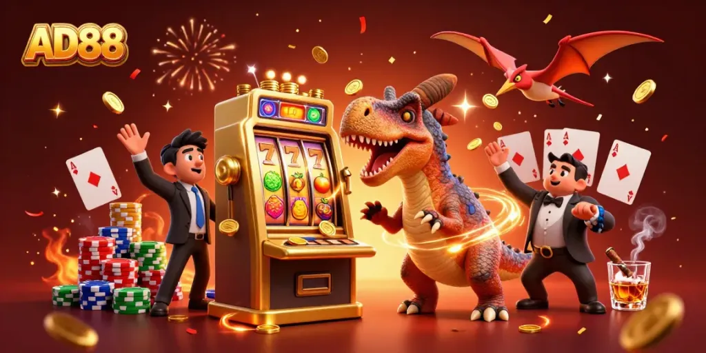 AD88 jackpot scene with a dinosaur themed slot machine, casino manager and coins