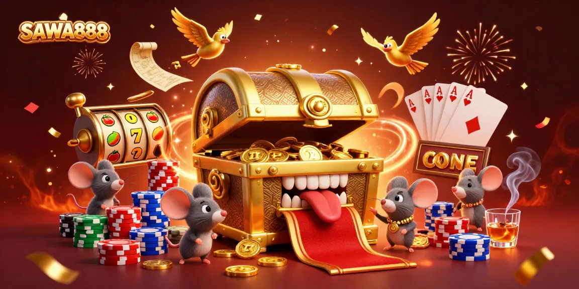 SAWA888 brings adventurer mice to riches at a vibrant casino scene filled with colorful slots.