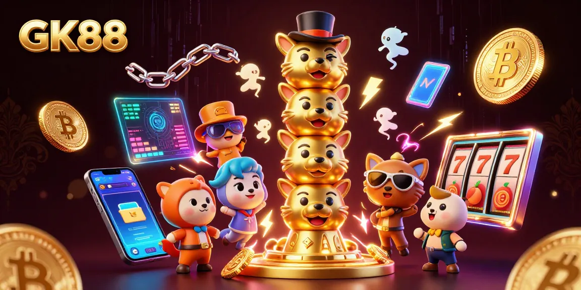 Experience GK88's vibrant casino atmosphere with a golden totem pole and slot elements in 3D.