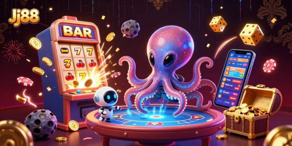 Engage with Jj88 at the vibrant casino scene featuring alien octopus and exciting jackpot elements.