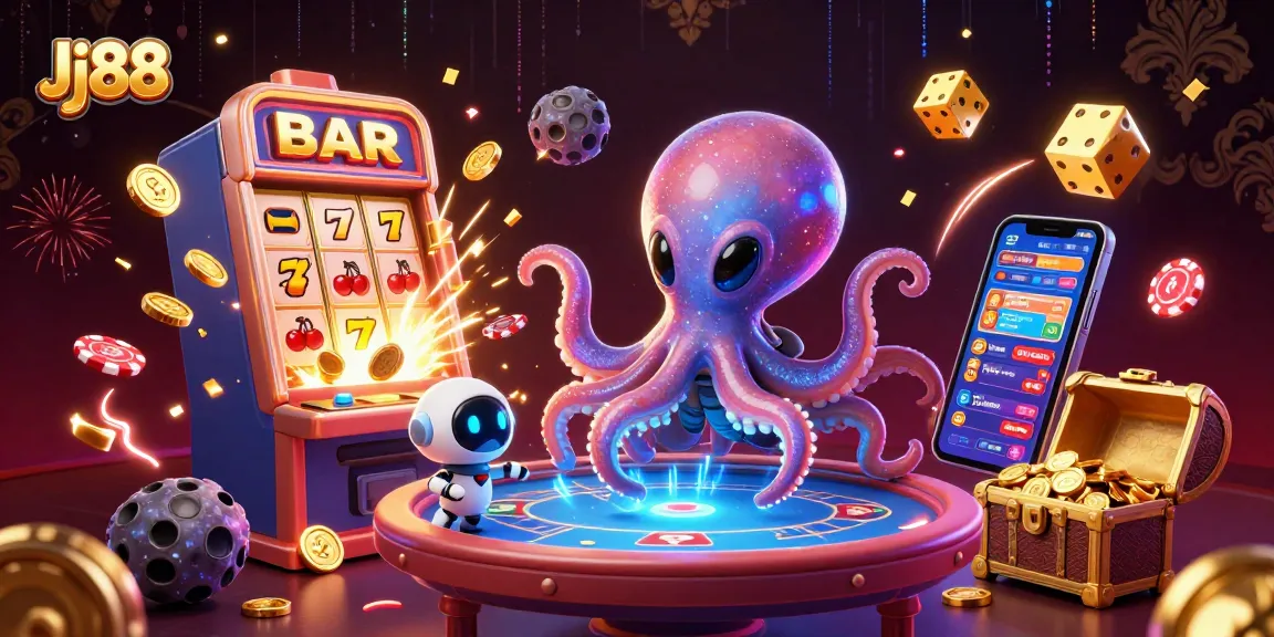 Engage with Jj88 at the vibrant casino scene featuring alien octopus and exciting jackpot elements.