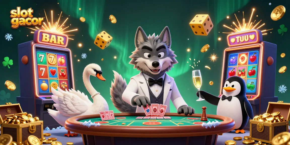 Experience thrilling slot gacor action with a cartoon wolf, swan, and penguin amidst a jackpot explosion.