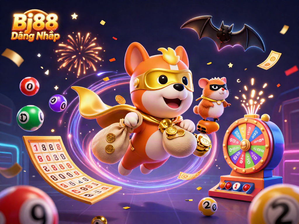 Bj88 Đăng Nhập: Experience the thrill of winning with this vibrant 3D casino-themed illustration.