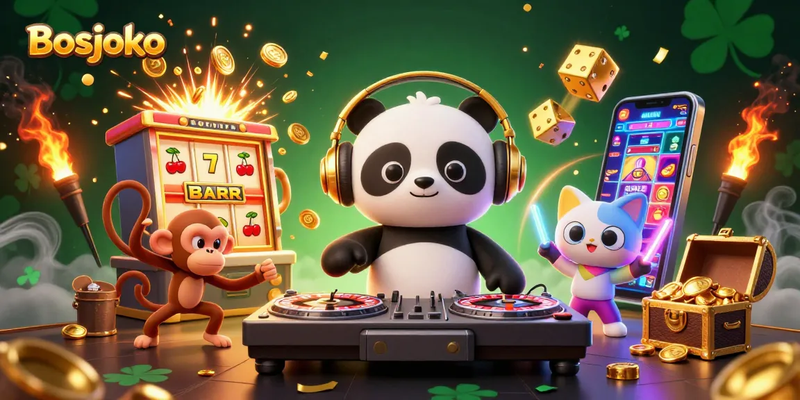 Bosjoko showcases a vibrant 3D casino scene with a DJ panda, breakdancing monkey, and glow-stick kitten, celebrating jackpots.