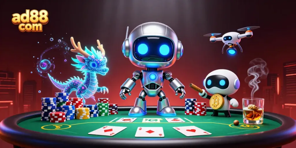 Experience gaming excitement with ad88 com in a vibrant 3D casino illustration featuring fantasy characters.