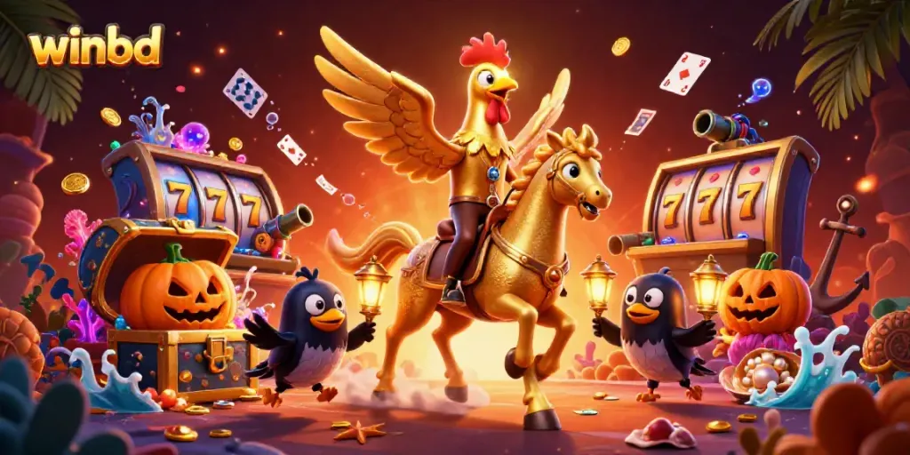 Experience the thrill of winbd as the golden rooster rides through a vibrant casino scene.
