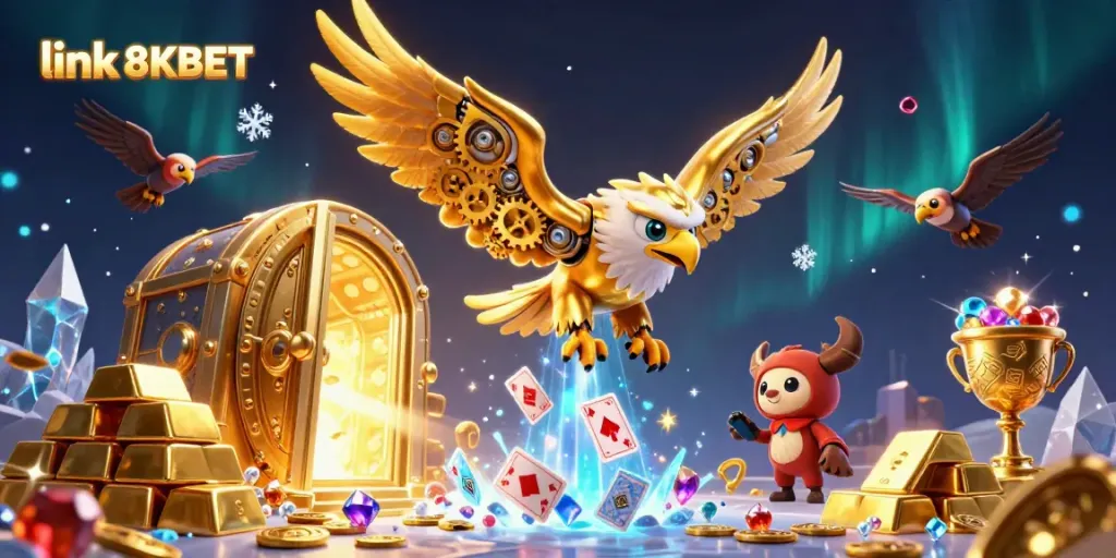 Achieve wins with link 8KBET as a cybernetic eagle dives through holographic cards in a vibrant casino.