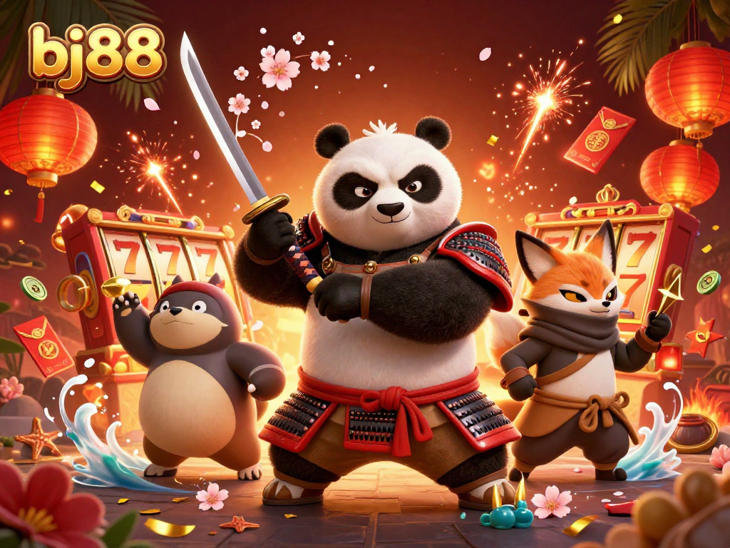 Bj88 captivates players with a thrilling illustration of a samurai panda in action, surrounded by slot game motifs.