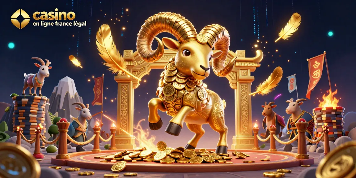 Illustration dynamique montrant le casino en ligne légal en France avec un bélier doré et une arène de jeux.