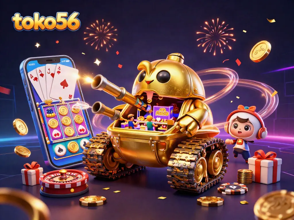 Permainan kasino mini dalam tank kumbang emas toko56 yang memancarkan koin emas dan confetti.